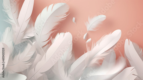White feathers falling on a solid background of pastel shades. Image generated by AI.