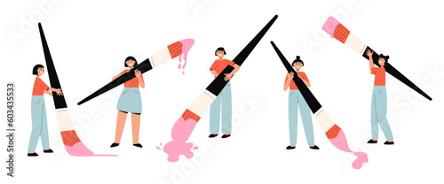 People standing with giant paintbrushes set. Painters, artists with huge brushes, paint splashes. Artwork, creativity, drawing concept. Flat cartoon vector illustration