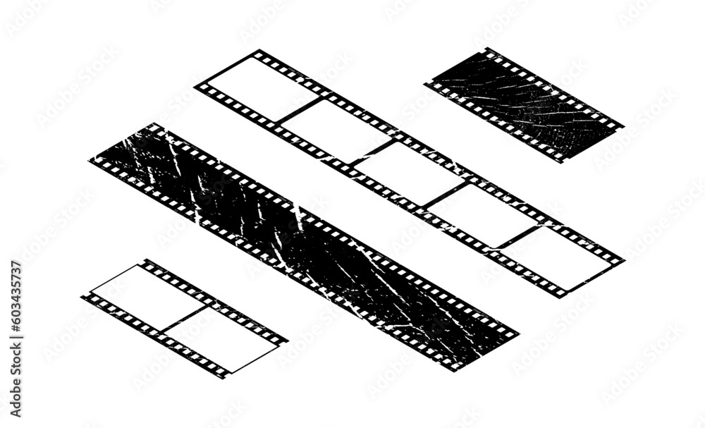 Fototapeta premium Vintage style isometric 35mm film strip set, retro vintage vector design with five and two frames on white. Retro film reel symbol illustration to use in photography, television, cinema, photo frame. 