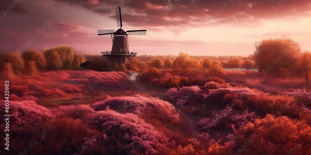 Obraz premium AI Generated. AI Generative. Netherland windmill winth beauty field flowers sunset. Graphic Art