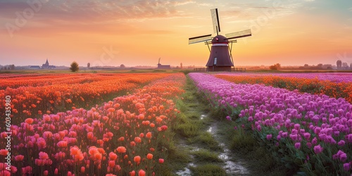AI Generated. AI Generative.  Netherland windmill winth beauty field flowers sunset. Graphic Art photo