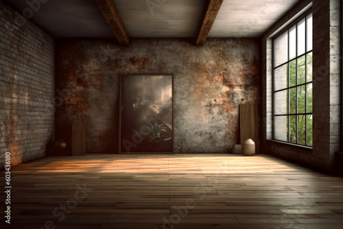 Empty empty wood floor with grungy walls  in the style of contemporary metallurgy  rustic still lifes  gray and brown  vintage wooden floor  walls with concrete. Generative Ai Illustration.