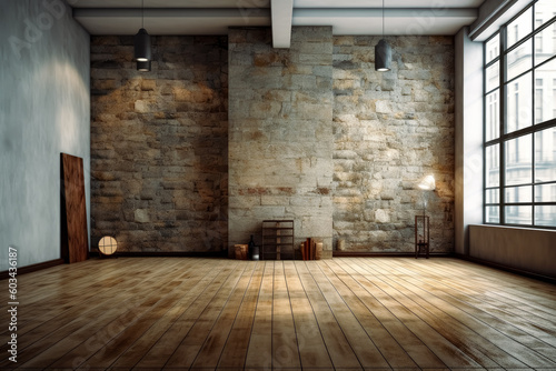 Empty empty wood floor with grungy walls  in the style of contemporary metallurgy  rustic still lifes  gray and brown  vintage wooden floor  walls with concrete. Generative Ai Illustration.