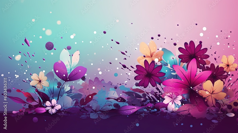  a bunch of flowers that are on a purple and blue background with bubbles and drops of water on the bottom of the image and the bottom half of the frame.  generative ai