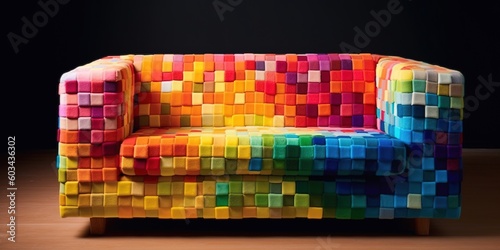 Modern sofa in rainbow color, pride colors, full colored, generative ai. Decor, interior, pixelated.