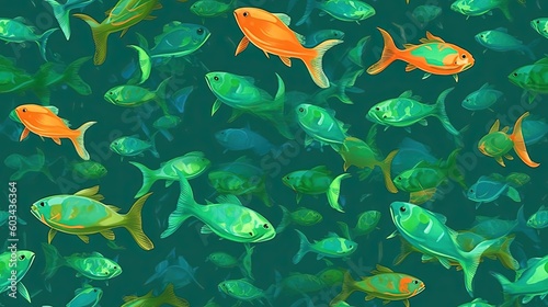  a large group of fish swimming in the ocean together on a dark blue background with green and orange colors, all of which are smaller than the same size. generative ai
