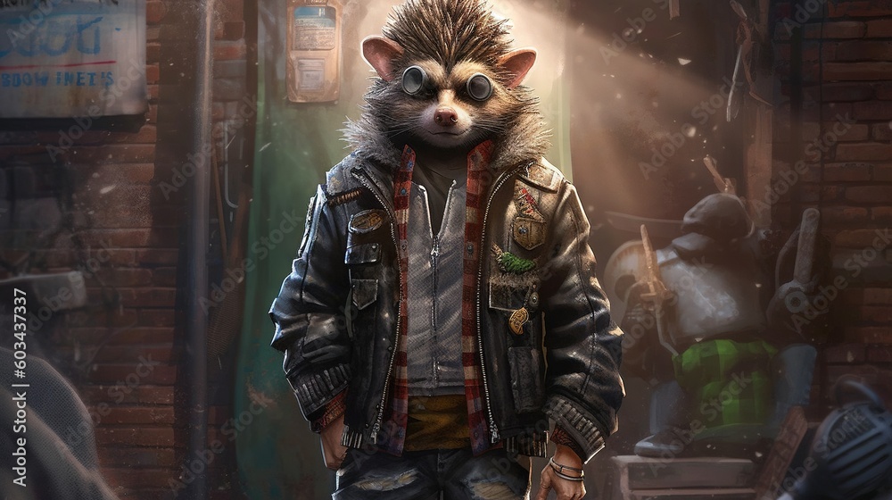  a man in a leather jacket with a raccoon on his shoulder and a leather jacket on his shoulder, standing in a dark alley.  generative ai