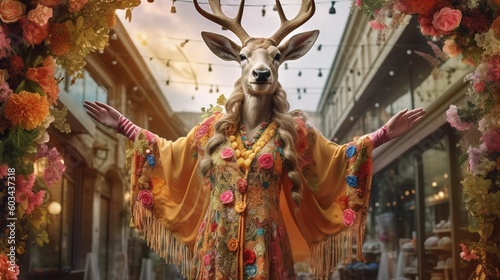  a woman dressed in a costume with a deer's head on her head and arms outstretched in front of a doorway with flowers and lights. generative ai