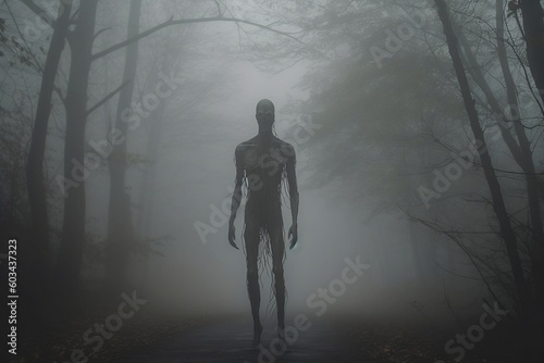 Fotobehang A human-like monster in the misty forest