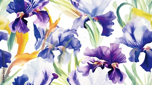  a painting of purple and yellow flowers on a white background with green leaves and stems in the center of the image is a watercolor painting of purple and yellow irises. generative ai