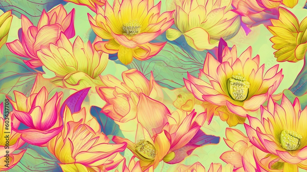 a bunch of yellow and pink flowers on a green and pink background with leaves and dots in the middle of the image, with a yellow center surrounded by smaller pink and yellow flowers. generative ai a bunch of yellow and pink flowers on a green and pink background with leaves and dots in the middle of the image, with a yellow center surrounded by smaller pink and yellow flowers. generative ai