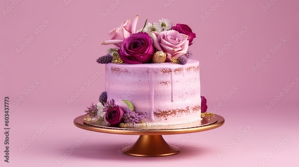 a pink cake with flowers on top of it on a gold plate on a pink background with a pink backdrop and a gold stand with a pink background. generative ai a pink cake with flowers on top of it on a gold plate on a pink background with a pink backdrop and a gold stand with a pink background. generative ai