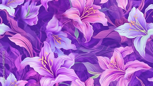  a bunch of purple flowers with green leaves on a purple background with a yellow center and a yellow center in the middle of the picture. generative ai