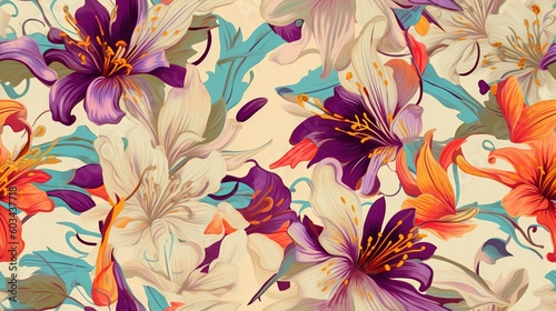  a colorful floral pattern on a white background with orange  purple  and pink flowers on a cream background with blue and orange swirls.  generative ai
