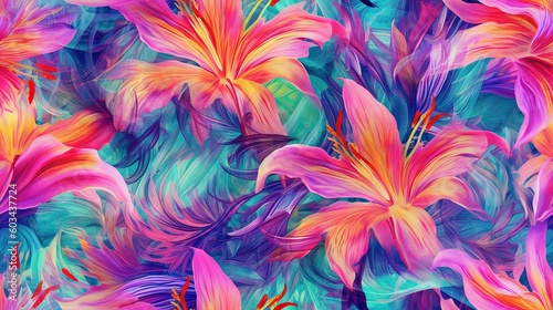  a painting of a bunch of flowers with a blue and pink background and a red and yellow flower in the middle of the picture and a blue and pink flower in the middle.  generative ai
