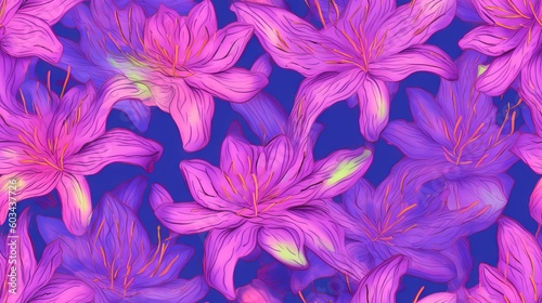  a bunch of pink flowers on a blue background with pink and yellow leaves on the center of the petals and the center of the petals of the petals. generative ai