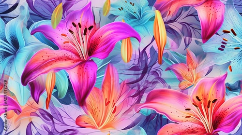  a bunch of flowers that are on a table cloth with a blue background and a pink and purple flower on the right side of the picture.  generative ai