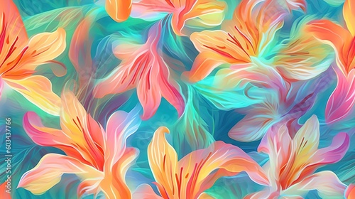  a painting of a bunch of colorful flowers on a blue and green background with a red center in the middle of the picture and a blue center in the middle of the picture. generative ai