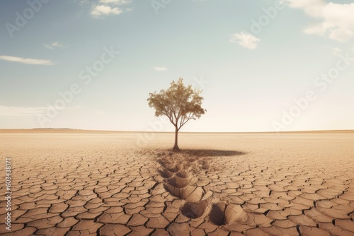a solitary tree standing in the midst of a barren desert landscape