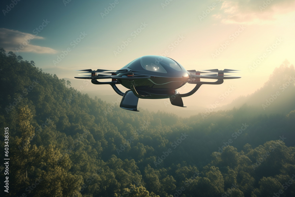 Fototapeta premium A futuristic-looking drone in flight, showcasing the advancements in unmanned aerial technology Generative AI