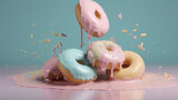 Backgrounds of delicious pastel donuts falling with colorful icing and icing and sweet sprinkles. Pastel colored donuts. Candy backgrounds. Image generated by AI.
