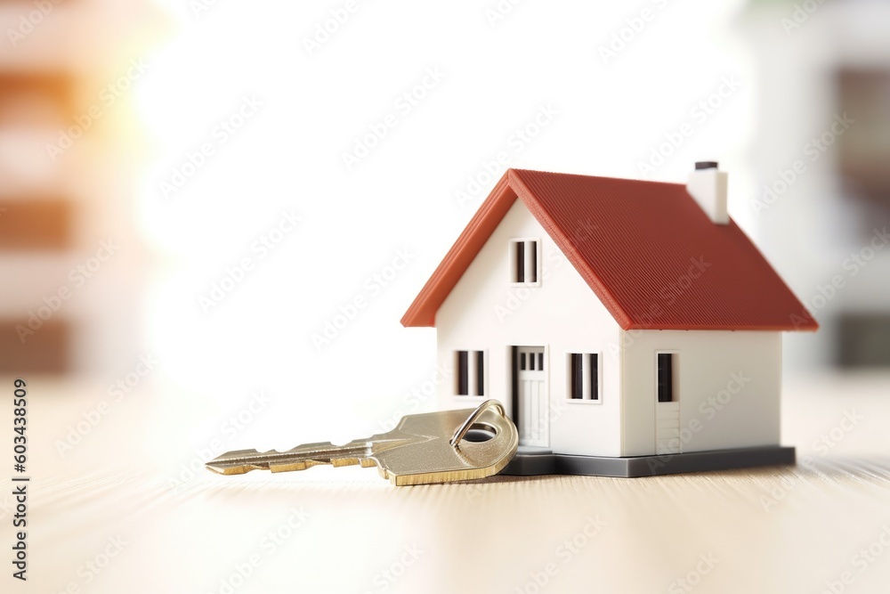 a small house with a key in front of it, symbolizing homeownership or security, Generative AI