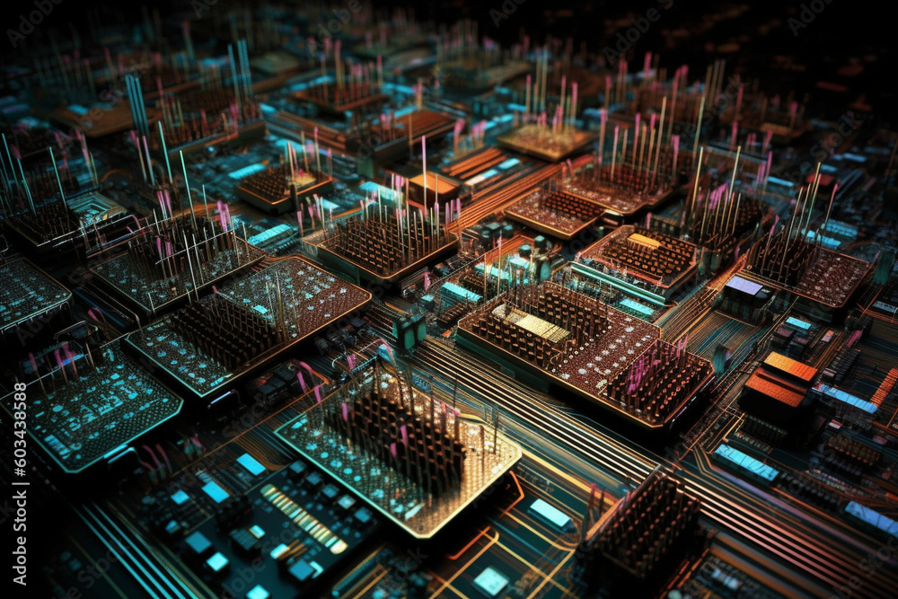 A high-resolution photograph of computer chips, highlighting the complexity and miniaturization of modern electronics Generative AI