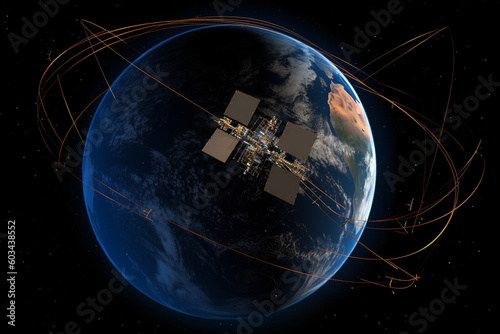 Schematic diagram of a satellite orbiting Earth, depicting its communication and data transmission capabilities Generative AI photo