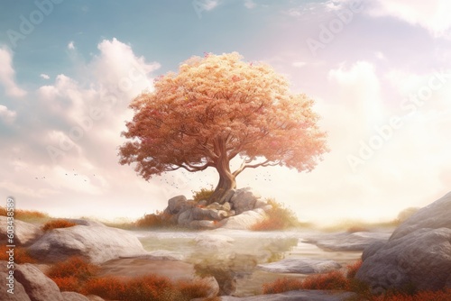 a majestic tree standing amidst rugged rocks and barren landscape