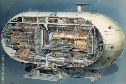 Cutaway illustration of a submarine, exposing its inner chambers and illustrating underwater navigation Generative AI photo