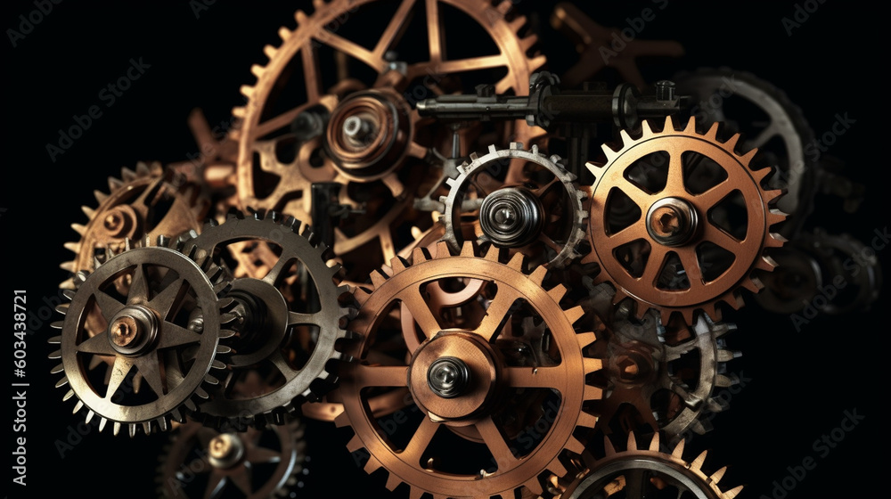 A series of interconnected gears in motion, symbolizing the interdependence and synergy within a mechanical network Generative AI A series of interconnected gears in motion, symbolizing the interdependence and synergy within a mechanical network Generative AI