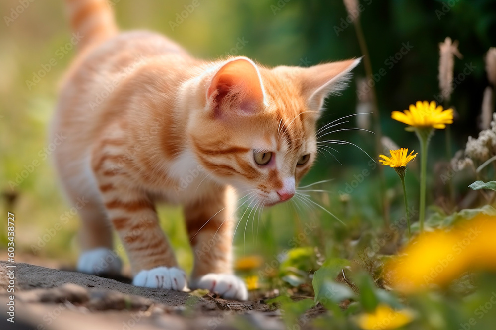 Fototapeta premium kitten on a path among the grass and wild flowers warily and curiously looks at something in the grass generated ai