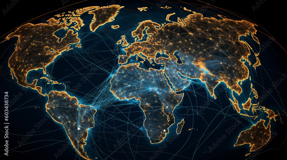 A radar image depicting the network of air traffic routes, illustrating the global aviation network Generative AI A radar image depicting the network of air traffic routes, illustrating the global aviation network Generative AI