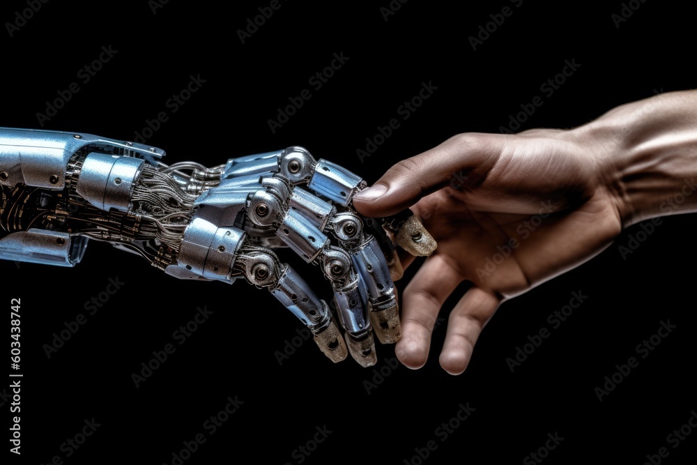 artificial intelligence, a human hand touching a robot hand with a ...