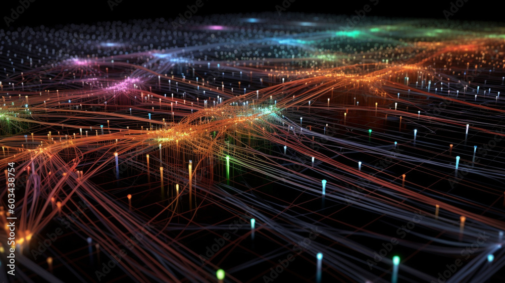 A visualization of data packets flowing through interconnected servers ...