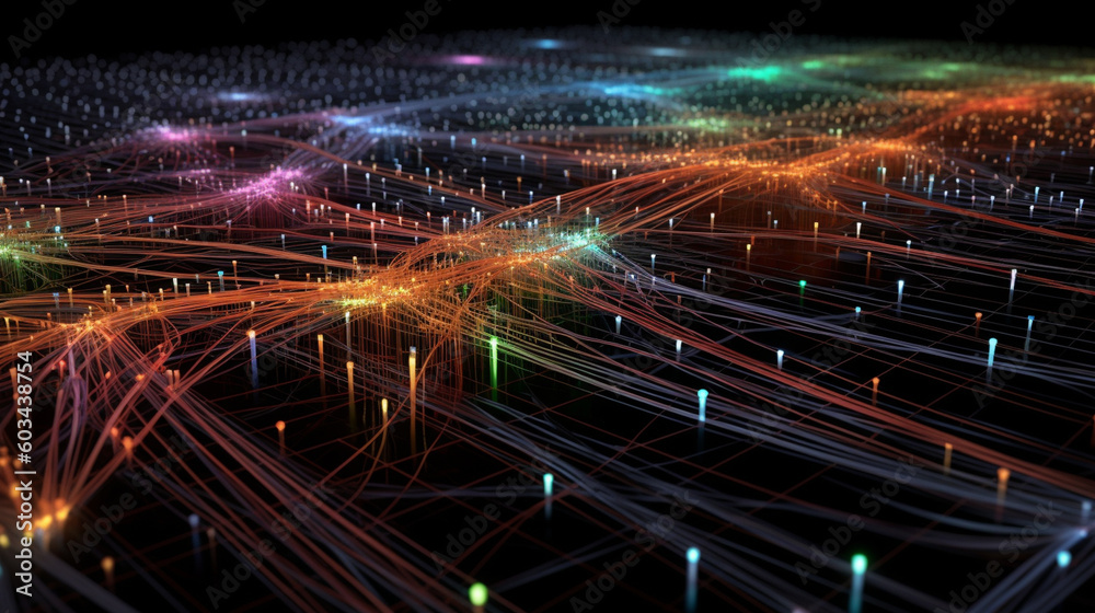 A visualization of data packets flowing through interconnected servers, illustrating a computer network Generative AI