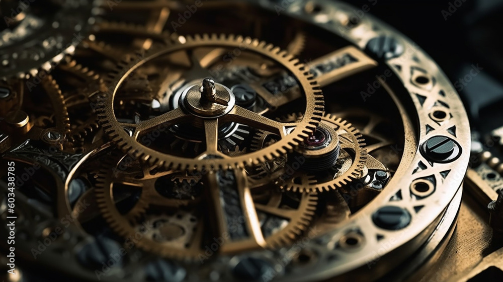 A close-up photograph of interconnected gears in a clock mechanism, symbolizing the synchronized network of timekeeping Generative AI