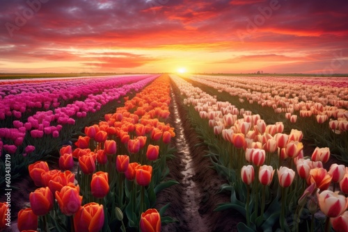 a colorful field of flowers with a beautiful sunset in the background