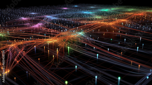 A visualization of data packets flowing through interconnected servers, illustrating a computer network Generative AI photo