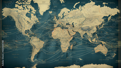 A map of undersea cables connecting continents, demonstrating the global network of submarine communication Generative AI photo