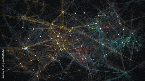 A visualization of interconnected nodes in a transportation network, showcasing routes and connections Generative AI