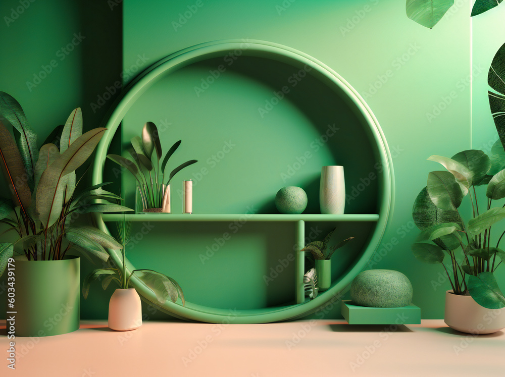 an empty green shelf with foliage an empty green shelf with foliage