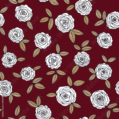 Floral hand drawn doodle black line art white roses with golden leaves as seamless botanical pattern on red burgundy background for print, wrapper, cards,invitations. © Sunny_Smile