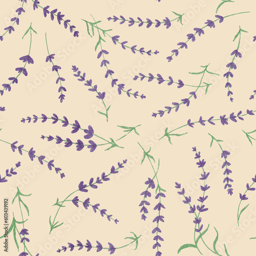 Hand drawn seamless pattern with shining glowing line art provance purple lavender flowers.Floral spring summer botanical backdrop on beige background.