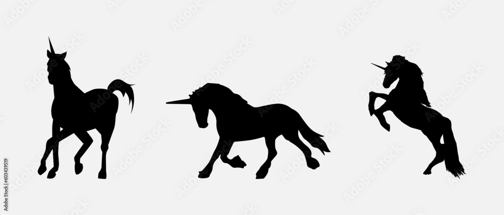 isolated black silhouette of a unicorn, vector collection