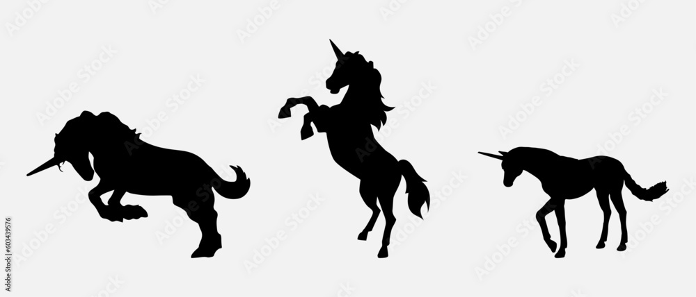 isolated black silhouette of a unicorn, vector collection