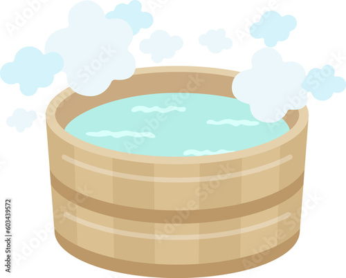 お湯を入れた、檜の風呂桶のイラスト