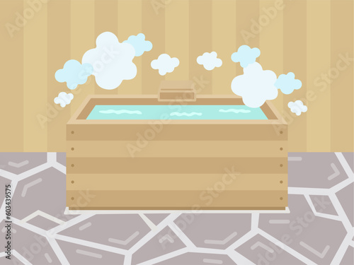 旅館にある、檜の風呂のイラスト