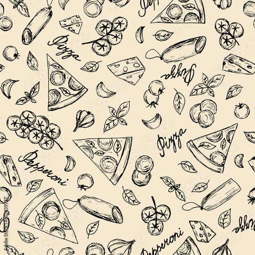 Hand illustrated seamless pattern with pepperoni pizza slices, tomatoes, salami, basil and garlic.Handwritten words 