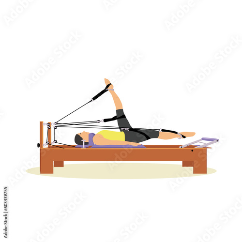 A woman does exercises on a Pilates reformer. Vector illustration